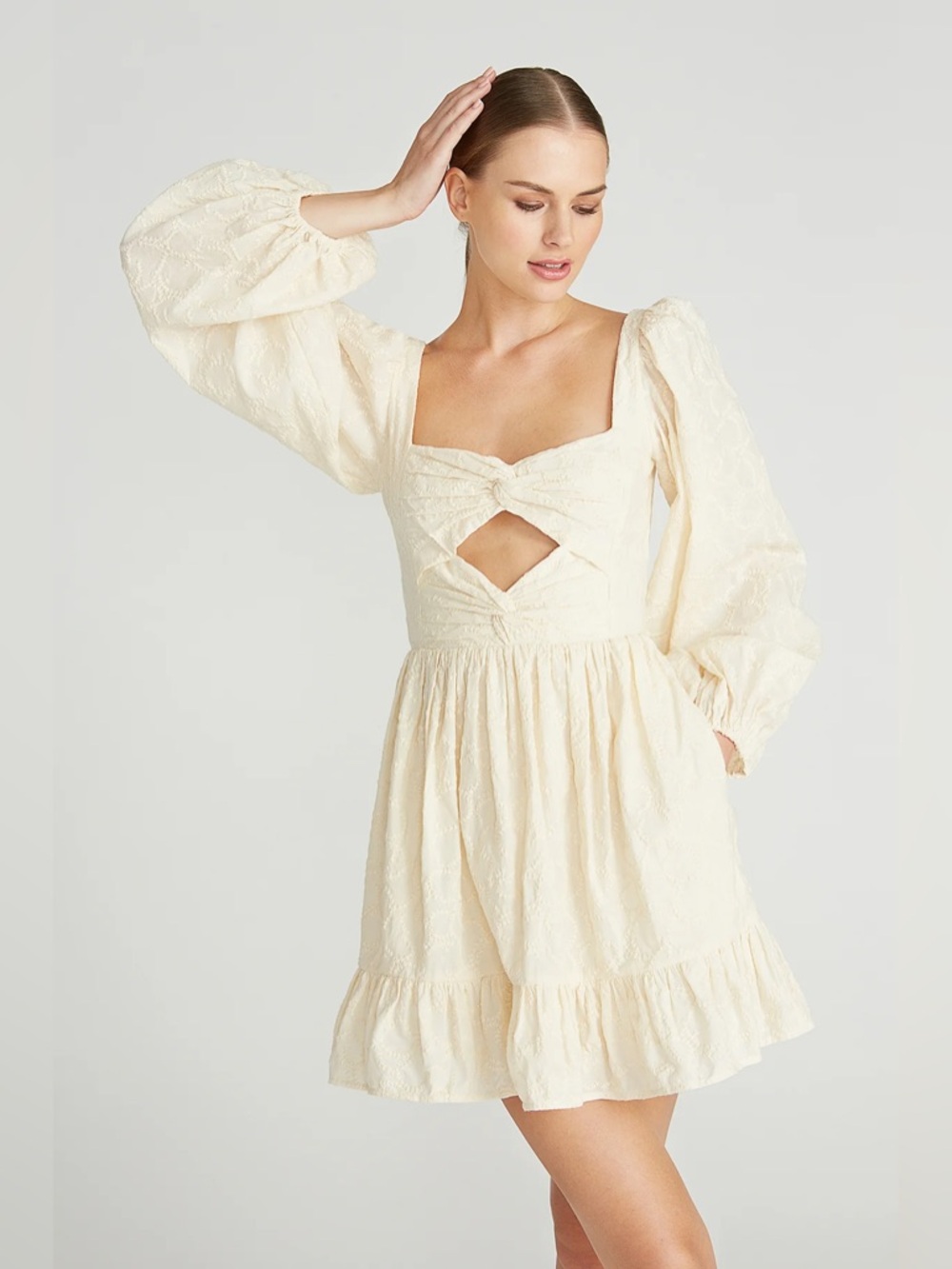 AMUR Aida Cut Out Mini Dress 100% Organic Cotton Cream‎ Lace Puff-Sleeve Size 6
